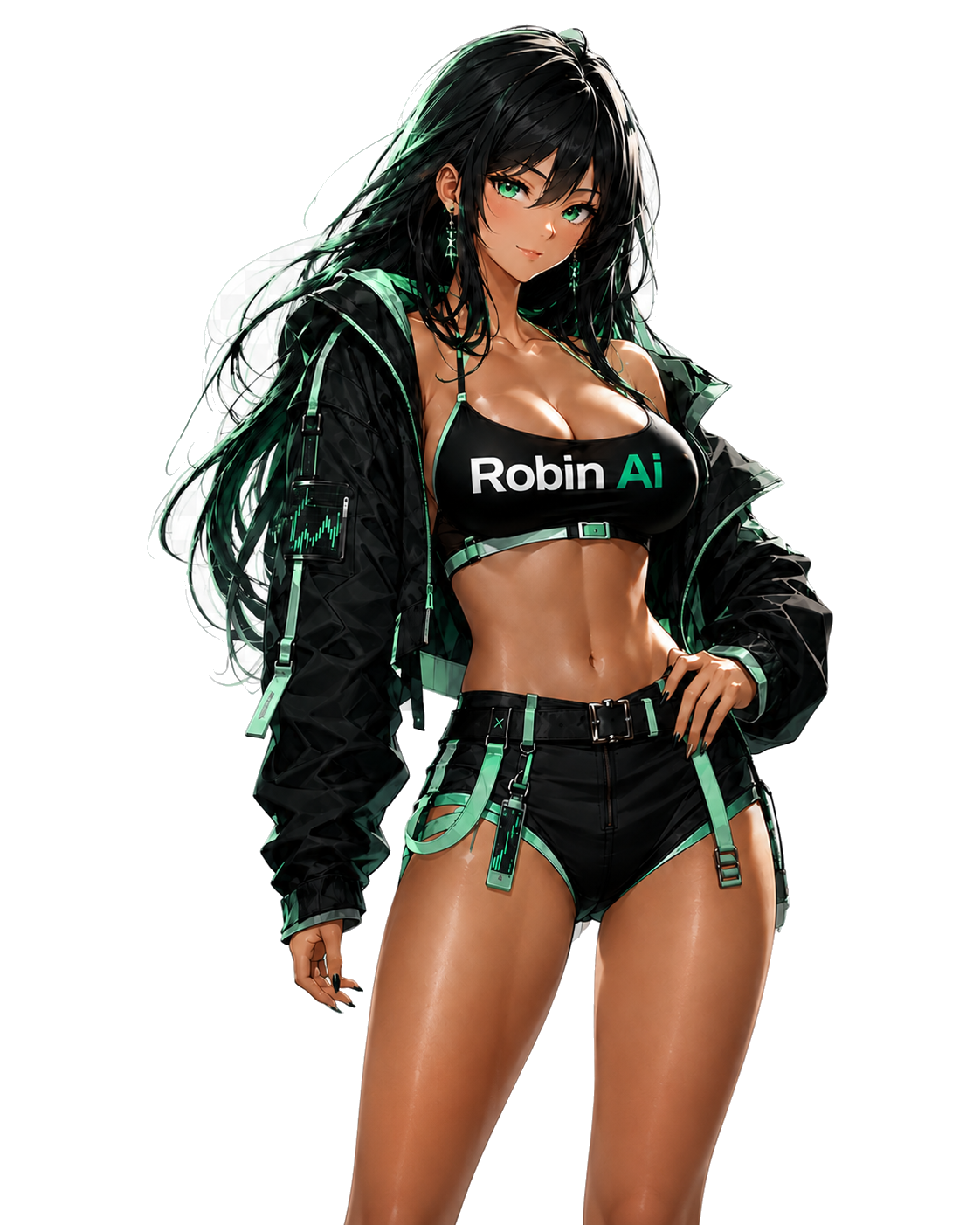 ROBIN AI character mascot in black and mint tactical apparel with Robin Ai crop top